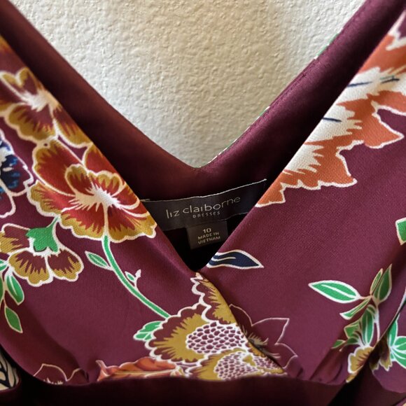 Vintage Liz Claiborne Floral V-Neck Burgundy High Waisted Work Cocktail Dress - Picture 8 of 9